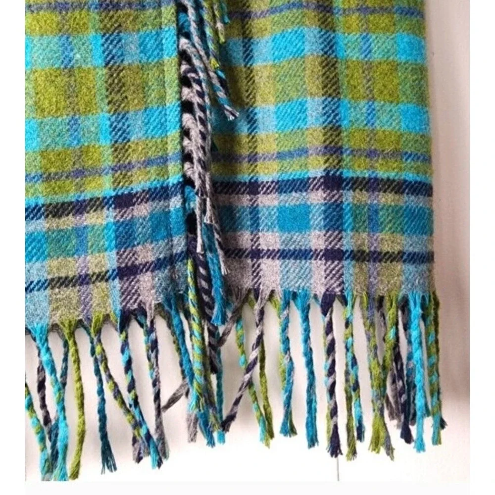 NWT J Jill Womens Plaid Skirt Sz 8P Green Gray Wool Blend Tartan Fringe Academia
